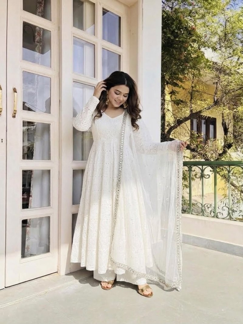Nsr 919 Pure Cotton Chiffly Work Anarkali Kurti With Bottom Dupatta